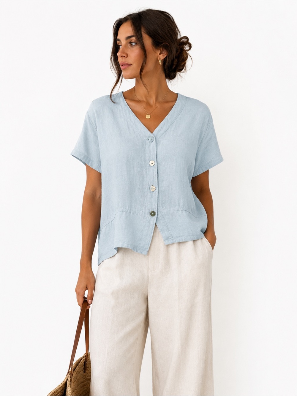 Vintage 90s CLIO Blue Linen Button Front Top Made USA Medium
